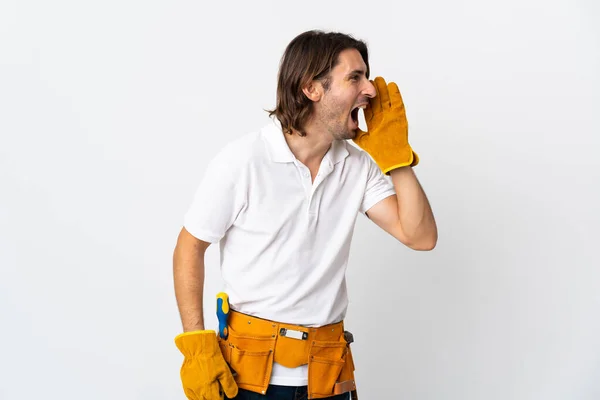 Joven Electricista Sobre Fondo Aislado Gritando Con Boca Abierta Hacia — Foto de Stock