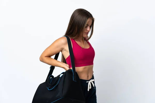 Young Sport Uruguayan Woman Sport Bag Isolated White Background Suffering — Stockfoto