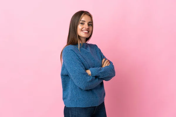 Young Uruguayan Woman Isolated Pink Background Arms Crossed Looking Forward — Foto de Stock