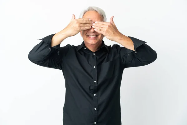 Middle Age Brazilian Man Isolated White Background Covering Eyes Hands — Foto Stock