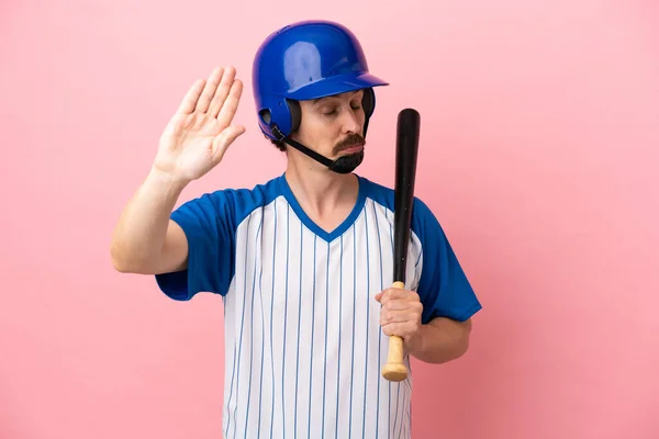 Young Caucasian Man Playing Baseball Isolated Pink Background Making Stop — Fotografia de Stock