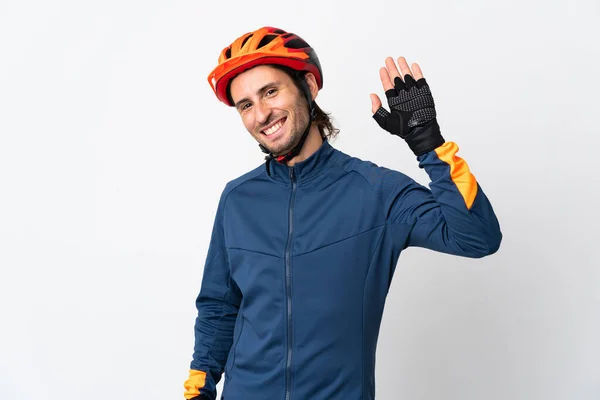 Young Cyclist Man Isolated White Background Saluting Hand Happy Expression — Stock Photo, Image