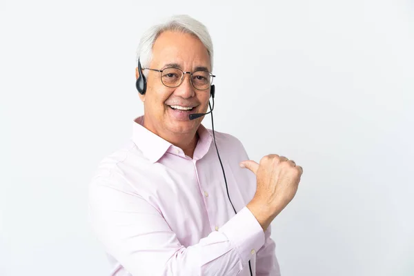 Telemarketer Middle Age Man Working Headset Isolated White Background Proud — Fotografia de Stock