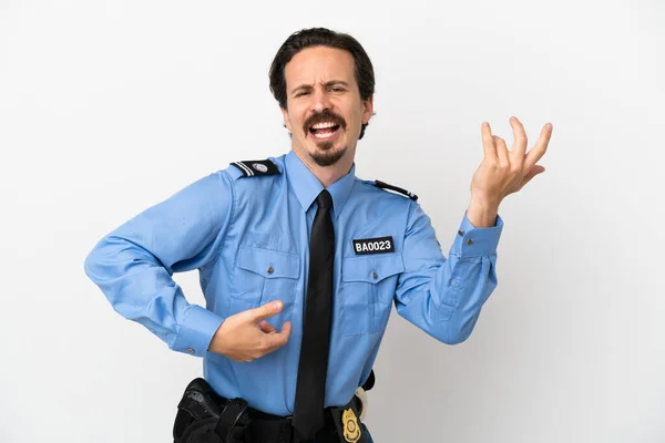 Young Police Man Isolated Background White Making Guitar Gesture —  Fotos de Stock