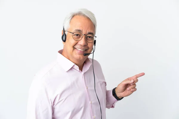 Telemarketer Middle Age Man Working Headset Isolated White Background Pointing — Fotografia de Stock