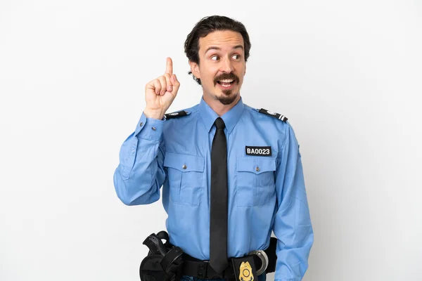 Young Police Man Isolated Background White Intending Realizes Solution While — Stockfoto