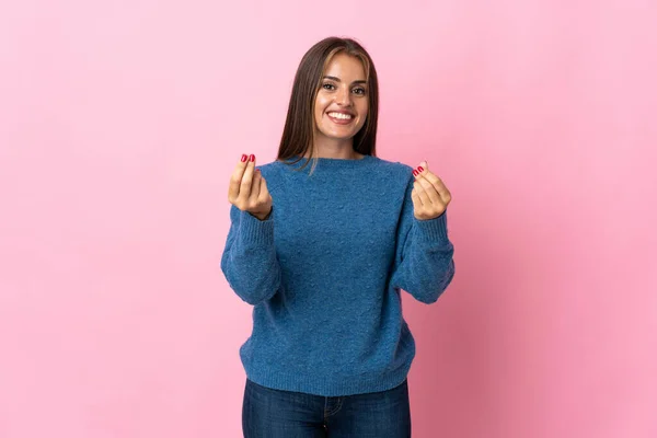 Young Uruguayan Woman Isolated Pink Background Making Money Gesture — Foto de Stock