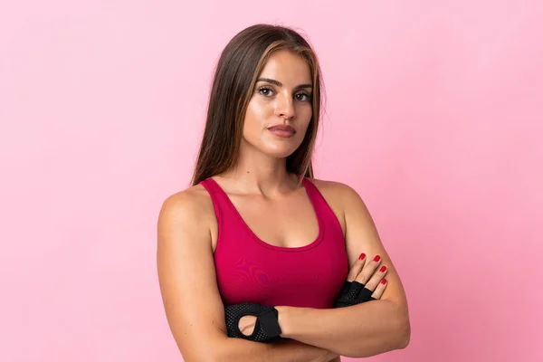 Young Uruguayan Woman Isolated Pink Background Keeping Arms Crossed — Stockfoto