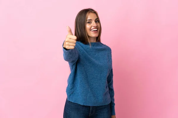 Young Uruguayan Woman Isolated Pink Background Thumbs Because Something Good — Fotografia de Stock