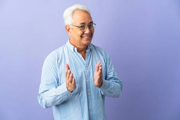 Middle Age Brazilian Man Isolated Purple Background Applauding Presentation Conference — Fotografia de Stock