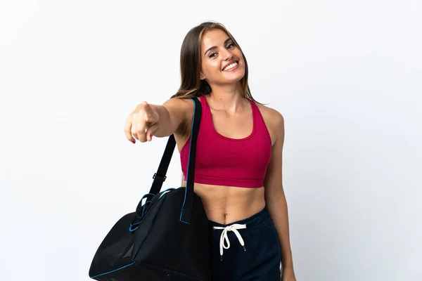 Young Sport Uruguayan Woman Sport Bag Isolated White Background Pointing — Stock fotografie