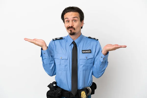 Young Police Man Isolated Background White Having Doubts While Raising —  Fotos de Stock