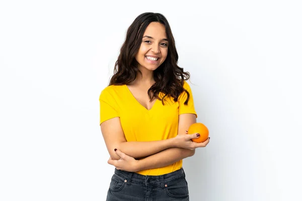 Jonge Vrouw Geïsoleerde Witte Achtergrond Met Een Oranje — Stockfoto