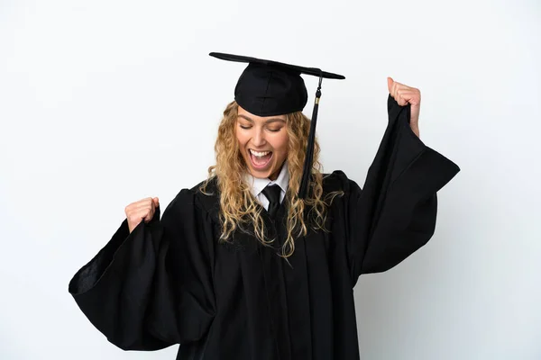 Graduação Universitária Jovem Isolado Fundo Branco Comemorando Uma Vitória — Fotografia de Stock