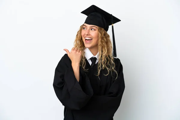 Graduação Universitária Jovem Isolado Fundo Branco Apontando Para Lado Para — Fotografia de Stock