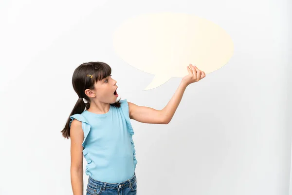 Little Caucasian Kid Isolated White Background Holding Empty Speech Bubble — Stock Photo, Image