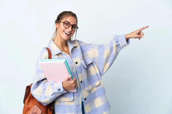 Jovem Estudante Mulher Isolada Fundo Branco Apontando Dedo Para Lado — Fotografia de Stock