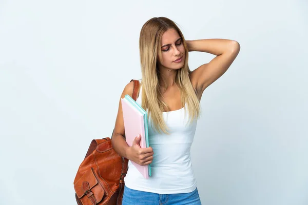 Jonge Student Vrouw Geïsoleerd Witte Achtergrond Met Neckache — Stockfoto