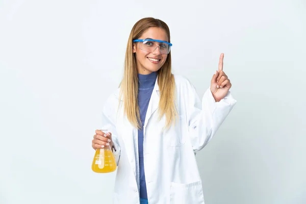 Молодая Научная Женщина Выделяется Белом Фоне Показывая Поднимая Палец Знак — стоковое фото