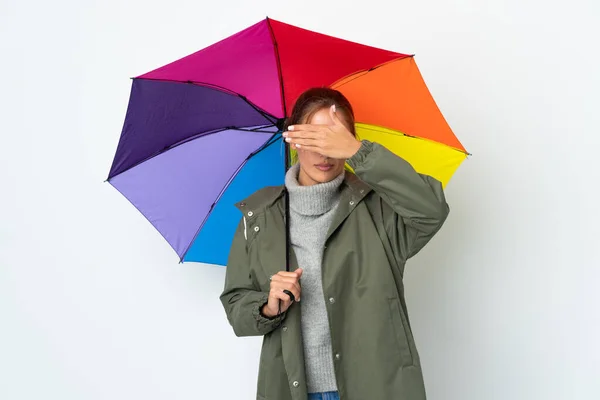 Jeune Femme Tenant Parapluie Isolé Sur Fond Blanc Couvrant Les — Photo