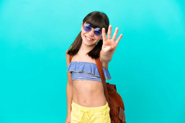 Pequeño Niño Caucásico Yendo Playa Aislado Sobre Fondo Azul Feliz — Foto de Stock