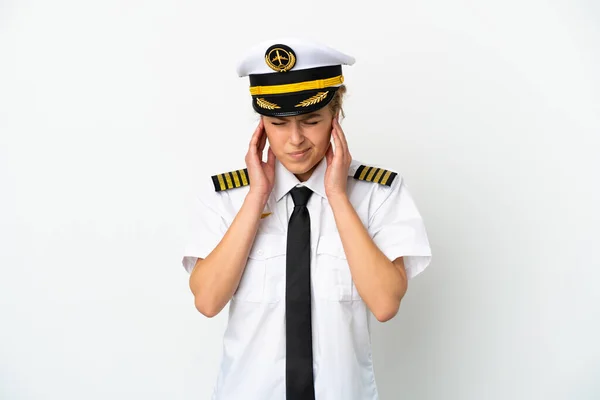 Flugzeug Blonde Pilotin Isoliert Auf Weißem Hintergrund Frustriert Und Bedeckt — Stockfoto