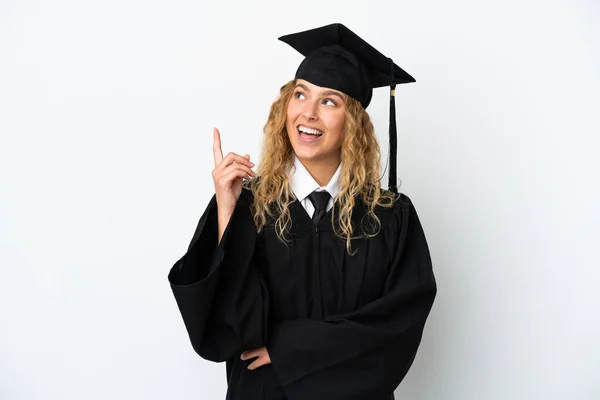 Graduação Universitária Jovem Isolado Fundo Branco Apontando Para Uma Grande — Fotografia de Stock