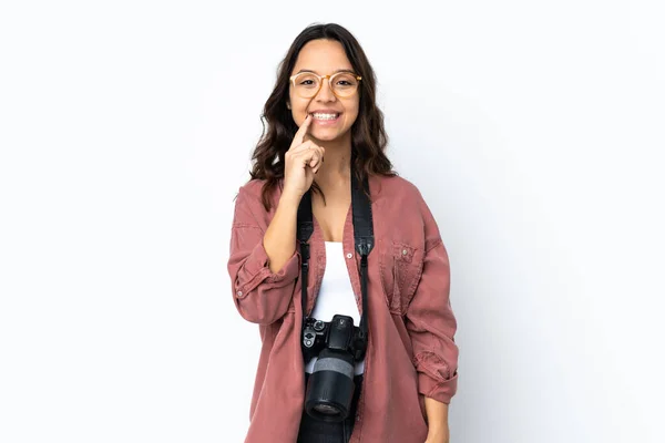 Young Photographer Woman Isolated White Background Showing Sign Silence Gesture — Stock Photo, Image