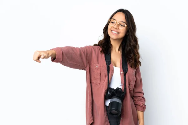 Young Photographer Woman Isolated White Background Giving Thumbs Gesture — Stock Photo, Image