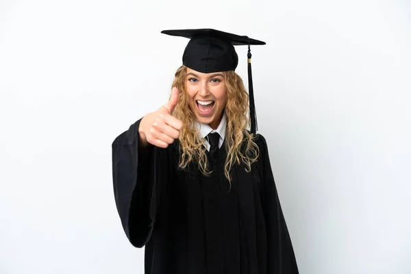 Graduação Universitária Jovem Isolado Fundo Branco Com Polegares Para Cima — Fotografia de Stock