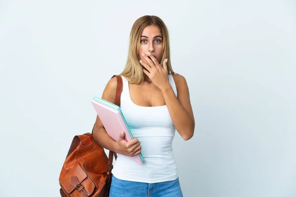 Junge Studentin Isoliert Auf Weißem Hintergrund Überrascht Und Schockiert Während — Stockfoto