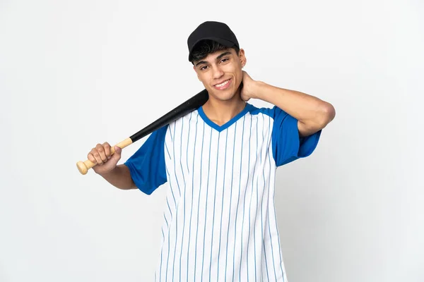 Man Spelar Baseball Över Isolerad Vit Bakgrund Skrattar — Stockfoto