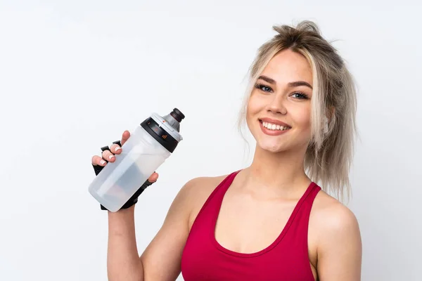 Tiener Meisje Houden Wafels Geïsoleerde Blauwe Achtergrond Met Sport Water — Stockfoto