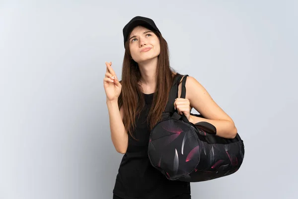 Joven Chica Deportiva Ucraniana Con Bolsa Deporte Aislada Sobre Fondo —  Fotos de Stock