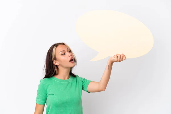 Teenager Russian Girl Isolated Blue Background Holding Empty Speech Bubble — Stock Photo, Image