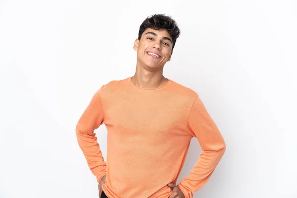 Young Man Isolated White Background Posing Arms Hip Smiling — Stock Photo, Image