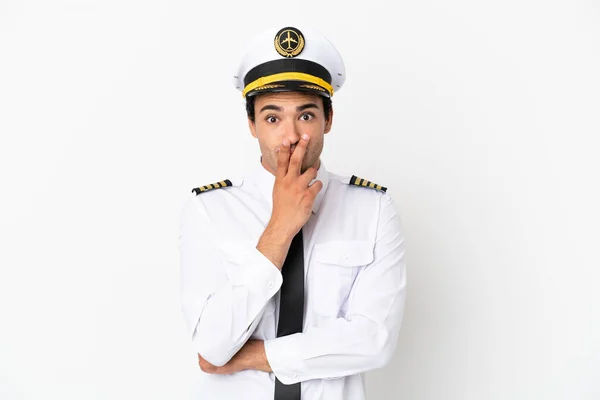 Airplane Pilot Isolated White Background Surprised Shocked While Looking Right — Stock Photo, Image