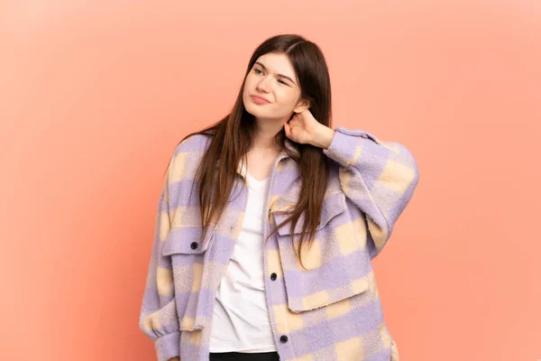 Young Ukrainian Girl Isolated Pink Background Neckache — ストック写真