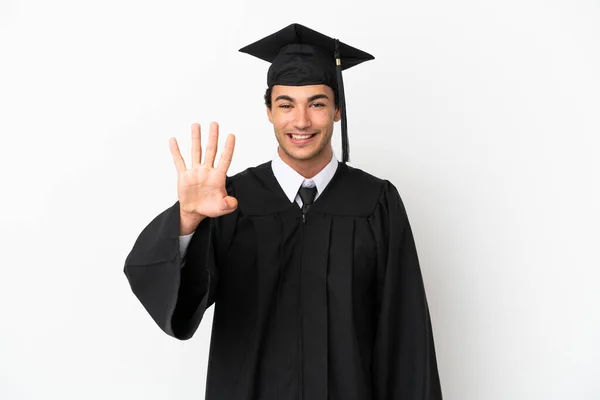 Jonge Universiteit Afgestudeerd Geïsoleerde Witte Achtergrond Gelukkig Tellen Vier Met — Stockfoto