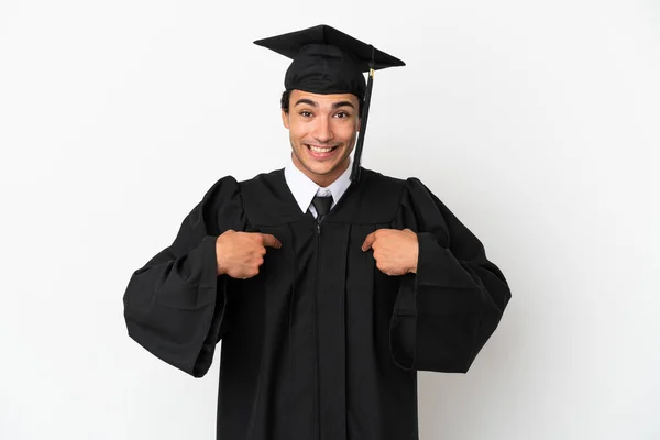 Jonge Universiteit Afgestudeerd Geïsoleerde Witte Achtergrond Met Verrassing Gezichtsuitdrukking — Stockfoto