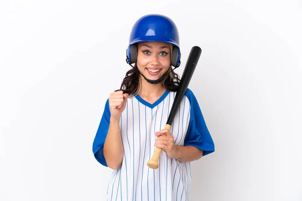 Baseball Ruská Dívka Hráč Helmou Pálkou Izolované Bílém Pozadí Slaví — Stock fotografie