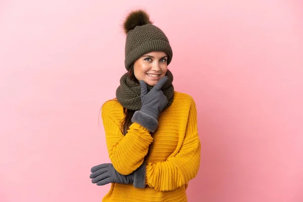 Young Caucasian Girl Winter Hat Isolated Pink Background Happy Smiling — Stock Photo, Image