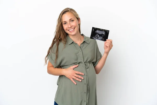 Mladá Běloška Žena Izolované Bílém Pozadí Těhotná Drží Ultrazvuk — Stock fotografie