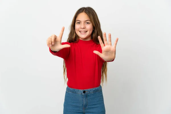 Menina Sobre Fundo Branco Isolado Contando Sete Com Dedos — Fotografia de Stock