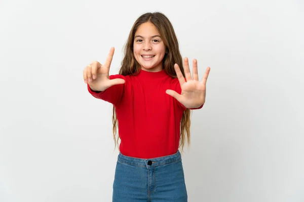 Niña Sobre Fondo Blanco Aislado Contando Siete Con Los Dedos —  Fotos de Stock