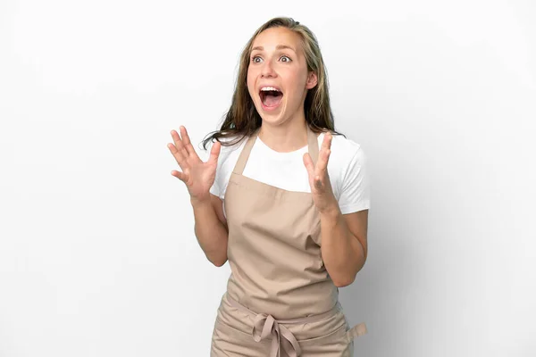 Restaurant Waiter Caucasian Woman Isolated White Background Surprise Facial Expression — Stock Photo, Image