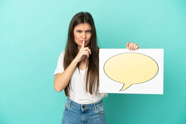 Young Caucasian Woman Isolated Blue Background Holding Placard Speech Bubble — Stock Photo, Image