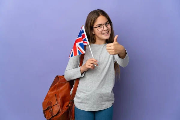 Dítě Držící Britskou Vlajku Nad Izolovaným Pozadím Palci Nahoru Protože — Stock fotografie