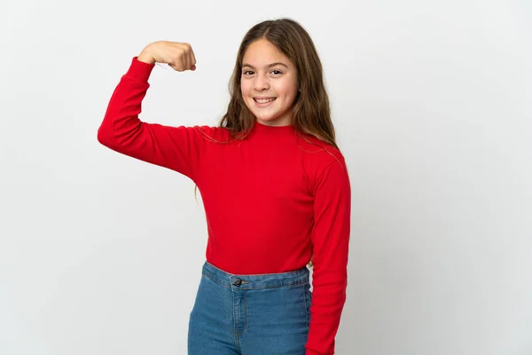 Klein Meisje Geïsoleerde Witte Achtergrond Doen Sterke Gebaar — Stockfoto