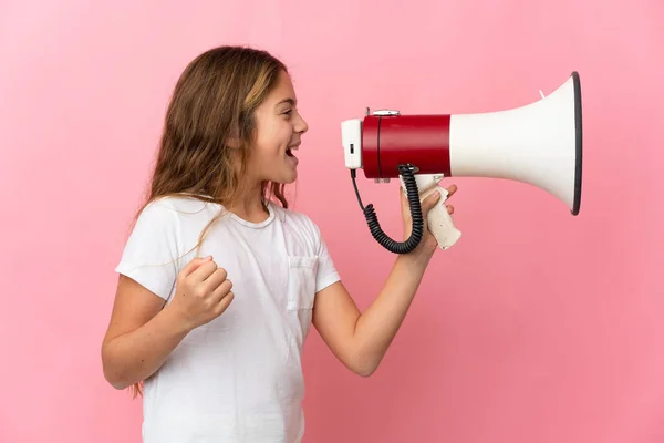 Child Isolated Pink Background Shouting Megaphone Announce Something Lateral Position — Stock Photo, Image